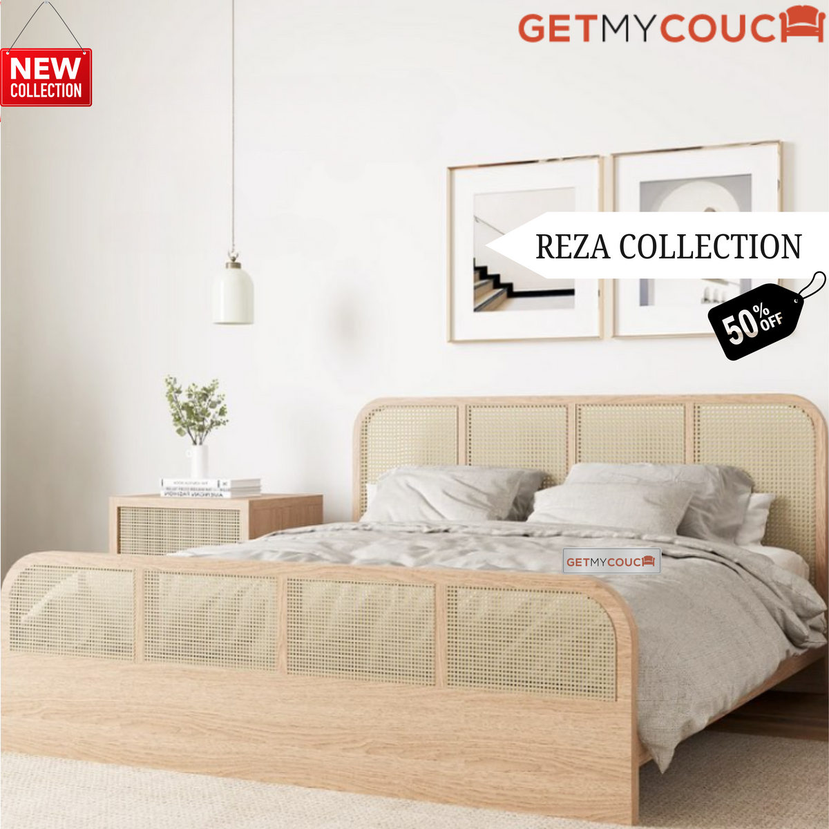 Reza Bed In Solid Wood with Manual Storage and Cane