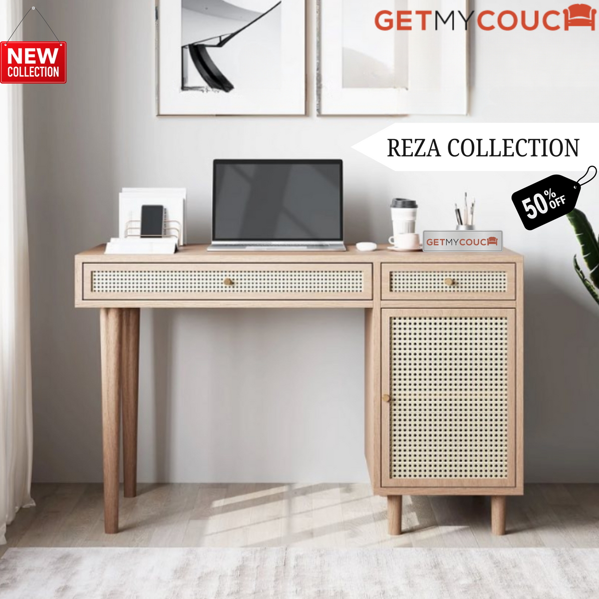 Reza Study Table in Solid wood and cane