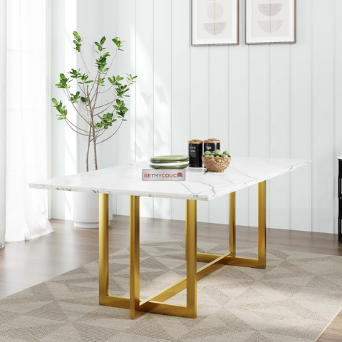 Tiffany White Satwario Marble Top Dining Table with PVD Coated SS304 Base