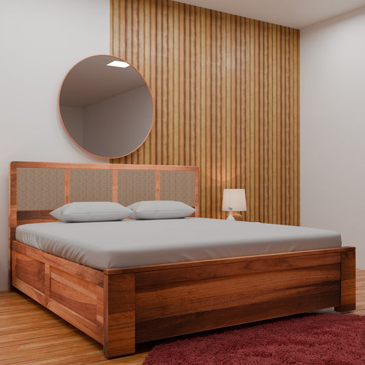 Baha Hydraulic Storage Bed in Teak Wood With Cane Design