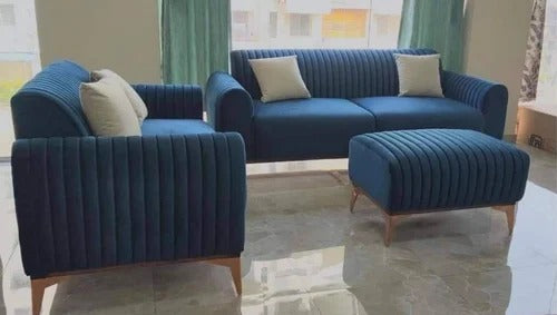 Diago 4+3 Sofa In Blue Velvet Fabric