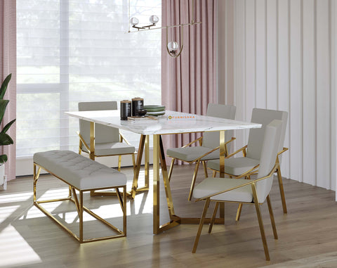 Zoro Dining Table with White Composite Marble Top - 6 Seater